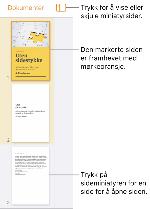 Sideminiatyrvisning på venstre side av skjermen med en tosiders inndeling, en skillelinje og deretter én side av neste inndeling. Vis-knappen er over miniatyrene.