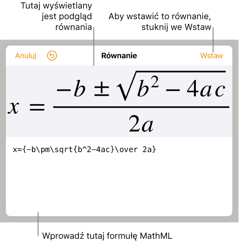 Kod MathML równania nachylenia linii oraz podgląd tej formuły powyżej.