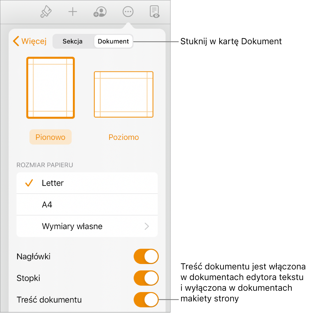 Narzędzia formatu dokumentu. Na dole ekranu widoczny jest włączony przełącznik Treść dokumentu.