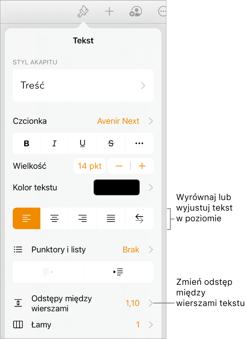 Zaznaczony jest przycisk narzędzi formatowania z kartą Tekst. Opisy wskazują przyciski wyrównywania tekstu oraz pozycję menu Odstępy między wierszami.