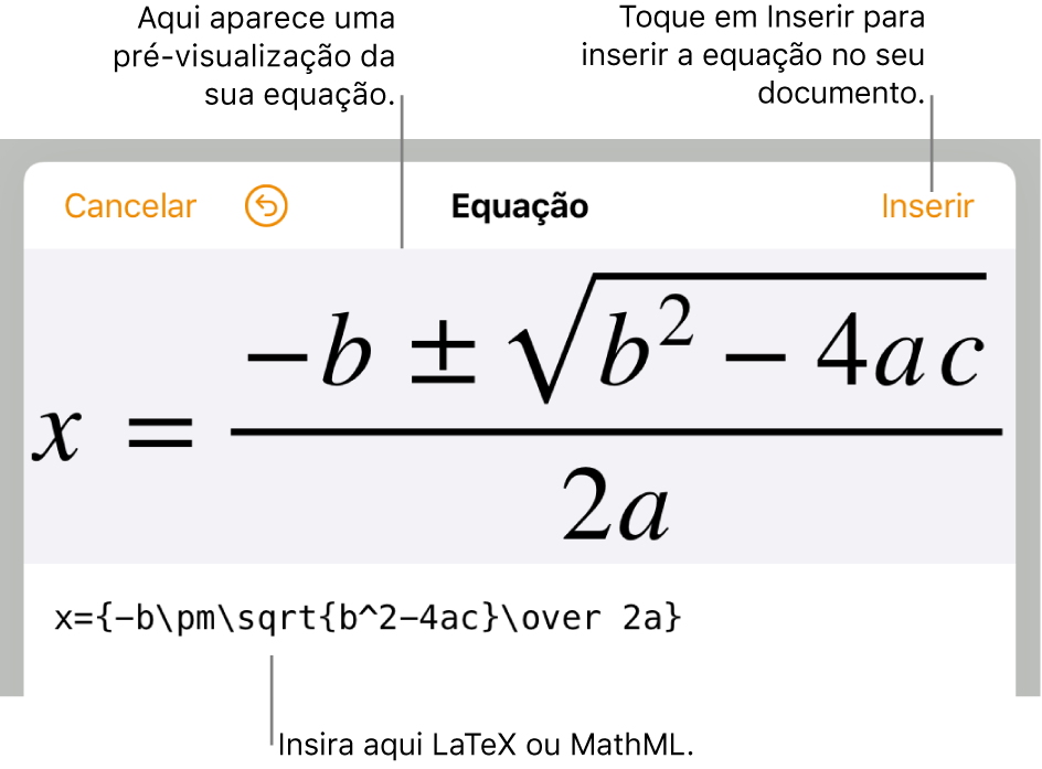 O diálogo de edição da equação, com a fórmula quadrática escrita com comandos LaTeX e uma pré-visualização da fórmula acima dele.