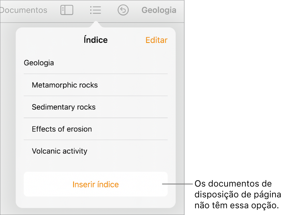 A vista de índice com Editar no canto superior direito, as entradas do índice e o botão “Inserir índice” na parte inferior.