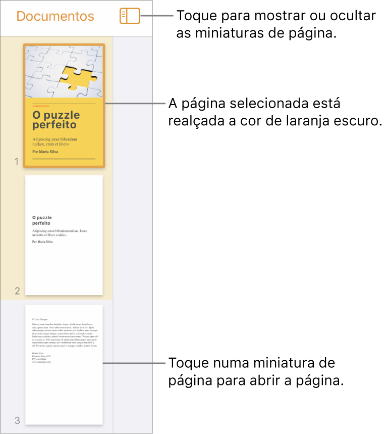 A vista de miniaturas das páginas no lado esquerdo do ecrã com uma secção de duas páginas, uma linha separadora e depois uma página da secção seguinte. O botão Visualização está por cima das miniaturas.