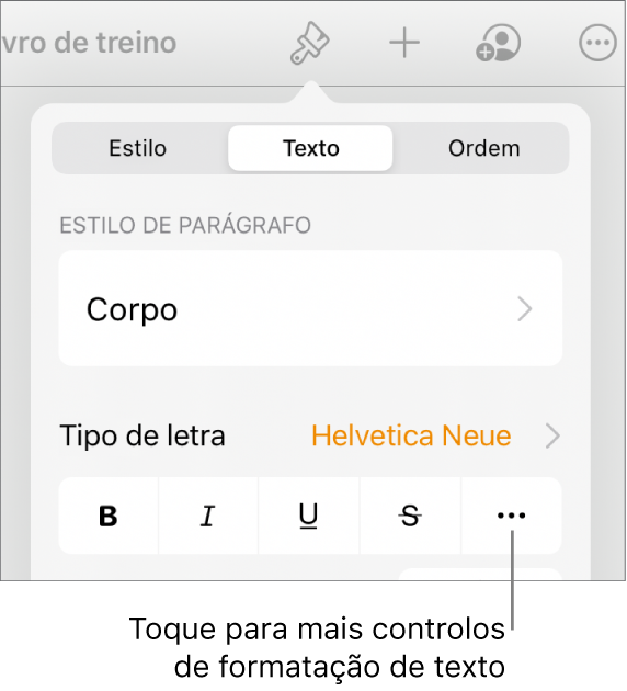 O separador Texto nos controlos de formatação com uma chamada para o botão “Mais opções de texto”.