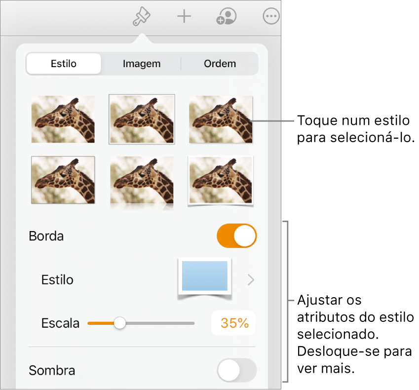 O separador Estilo do menu Formatação com estilos de objeto na parte superior e controlos por baixo para alterar o contorno, sombreado, reflexo e opacidade.