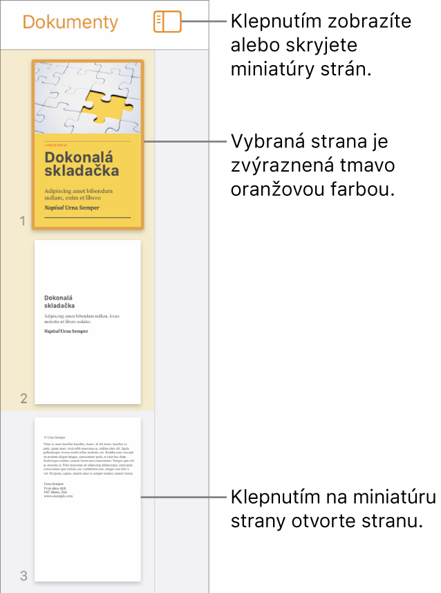 Zobrazenie Miniatúry strán na ľavej strane obrazovky so sekciou dvoch strán, oddeľovacou čiarou a následne jednou stranou ďalšej sekcie. Tlačidlo Zobraziť je nad miniatúrami.