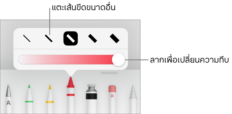 ตัวควบคุมสำหรับเลือกขนาดเส้นขีดและแถบเลื่อนสำหรับปรับความทึบ