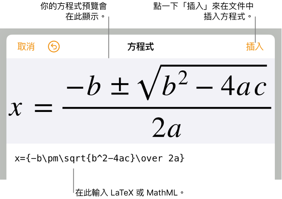 方程式編輯對話框，顯示使用 LaTeX 指令寫入的二次公式，上方是公式的預覽。
