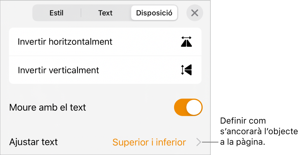 Els controls Disposició, amb “Moure amb text” i “Ajustar text”.