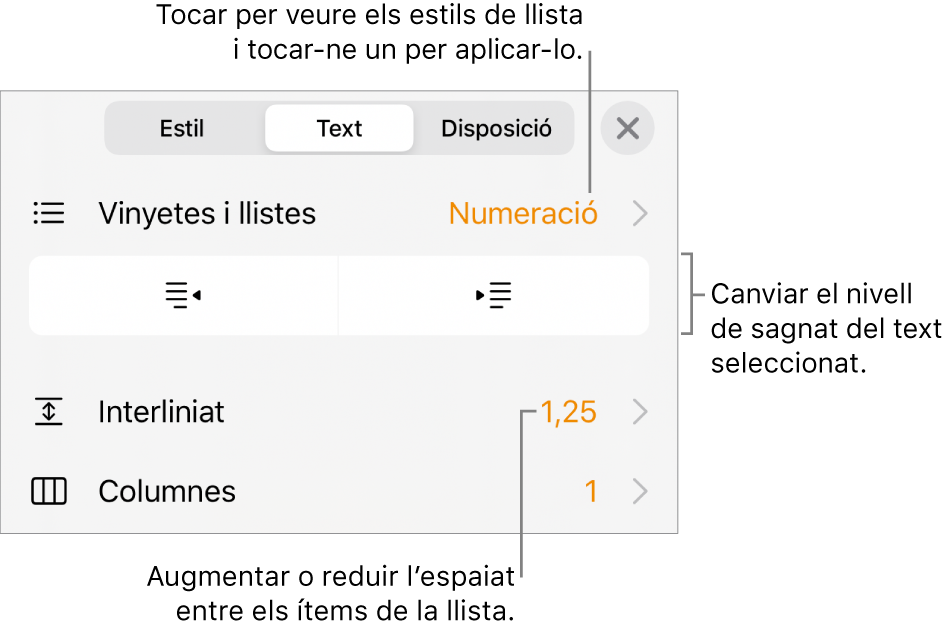 Els controls de format, amb referències al menú “Vinyetes/llistes”, botons de sagnat i controls de l’interlineat.