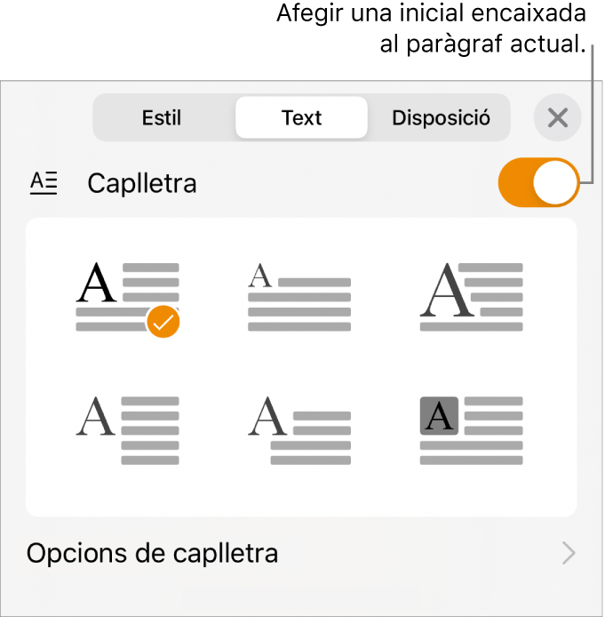Els controls de Caplletra, ubicats a la part inferior del menú Text.