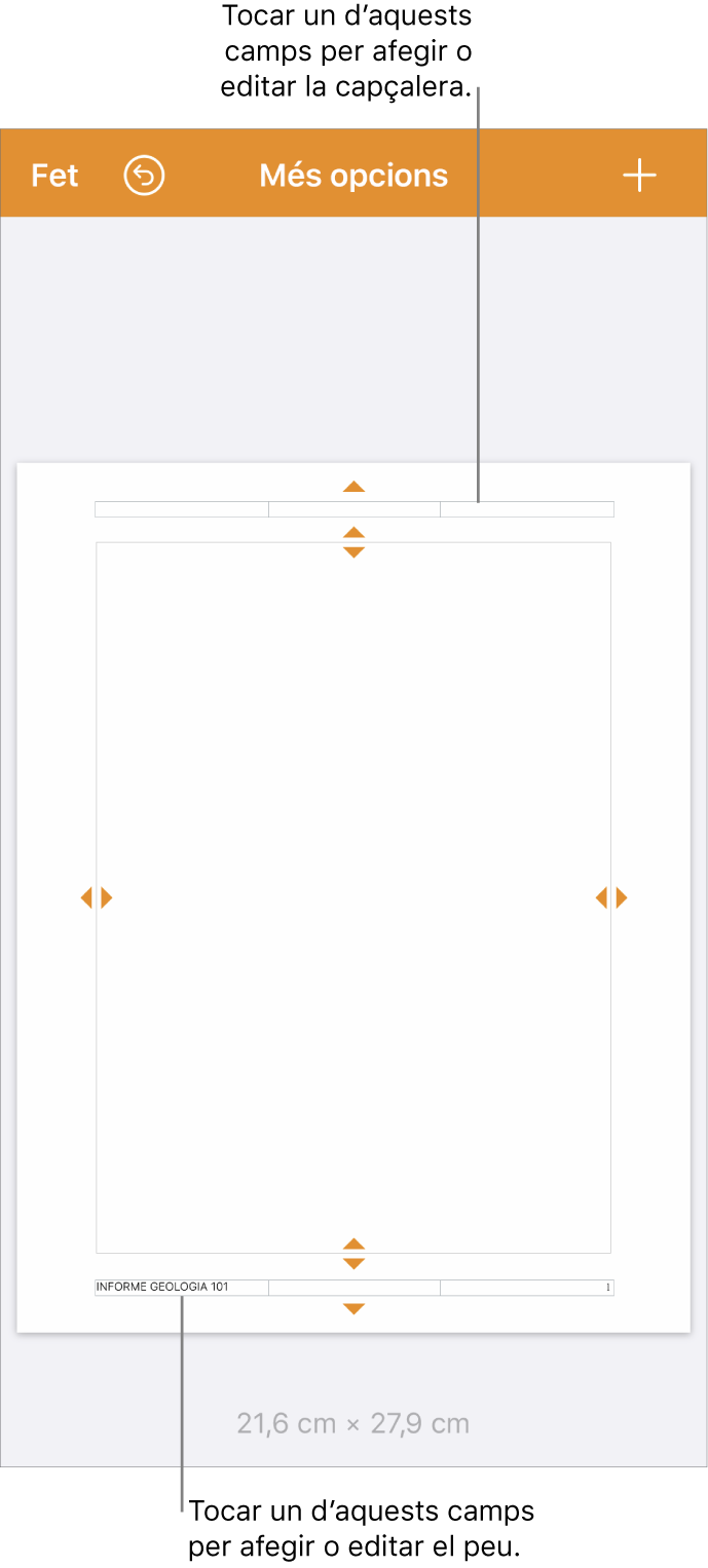 La vista “Més opcions” amb tres camps a la part superior del document per a les capçaleres i tres camps a la part inferior per als peus de pàgina.
