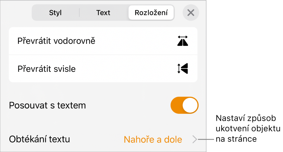 Ovládací prvky rozložení s funkcemi V textu a Obtékání textu