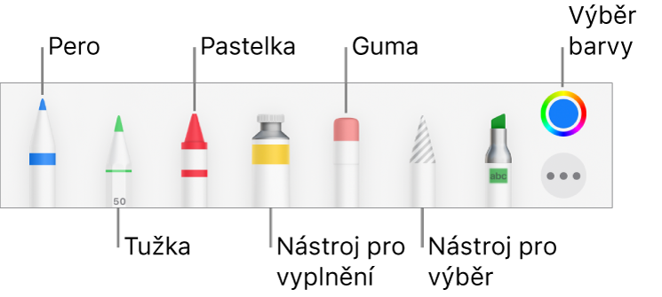 Panel nástrojů pro kreslení perem, tužkou, pastelem, nástrojem výplň, nástrojem pro výběr, gumou a výběrem barev zobrazujícím aktuální barvu