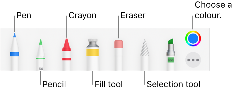 The drawing toolbar with a pen, pencil, crayon, fill tool, eraser, selection tool and colour well showing the current colour.