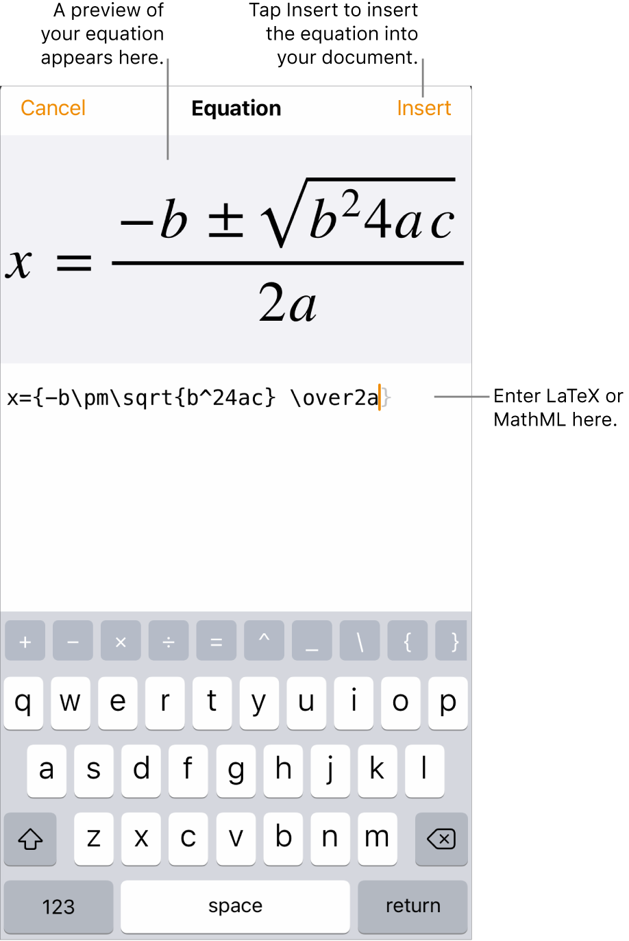 The Equation dialog, showing the quadratic formula written using LaTeX commands, and a preview of the formula above.