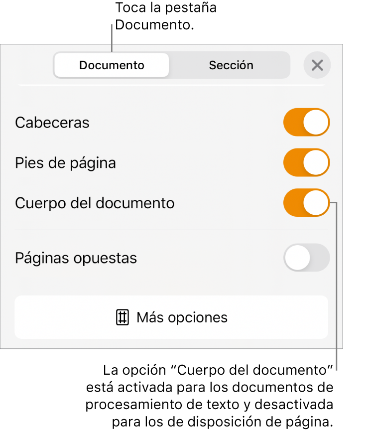 Los controles de formato del documento, teniendo seleccionada la opción “Cuerpo del documento” de cerca de la parte inferior de la pantalla.
