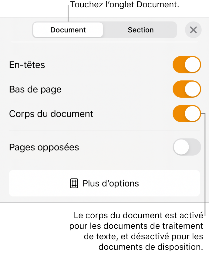 Les commandes Format du document et Corps du document activées vers le bas de l’écran.