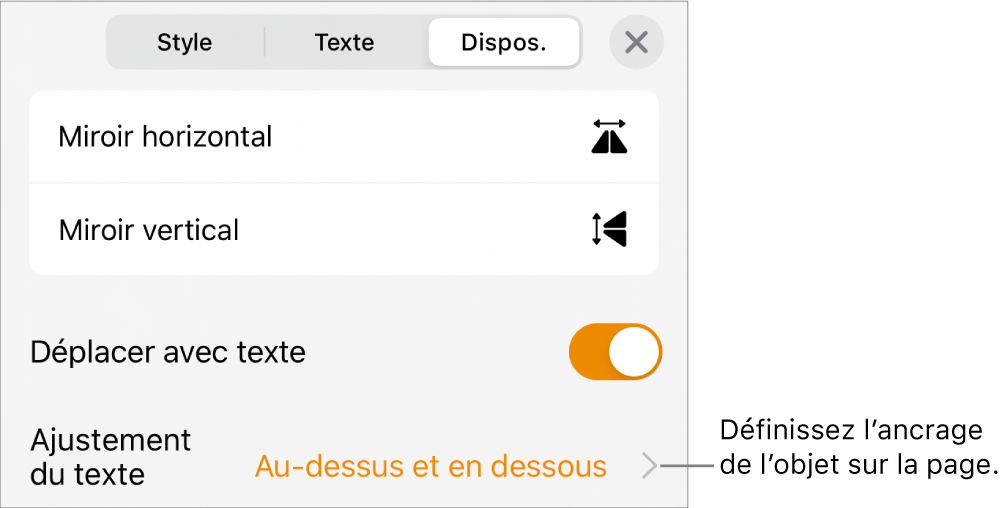 Commandes Disposition avec les options Déplacer avec texte et Ajustement du texte.