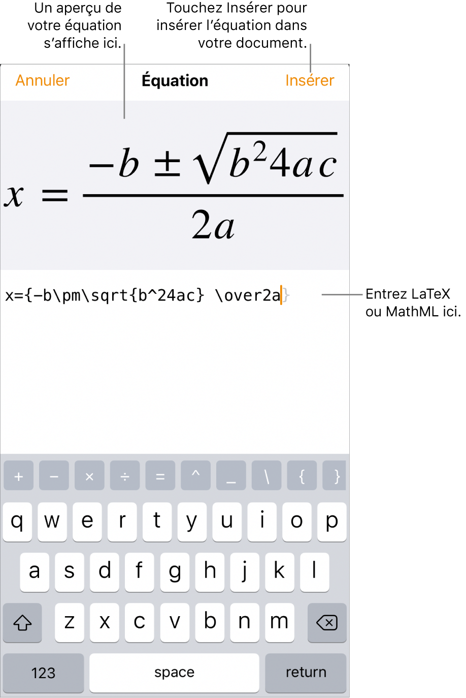 Zone de dialogue Équation, affichant la formule quadratique composée à l’aide des commandes LaTeX et aperçu de la formule au-dessus.