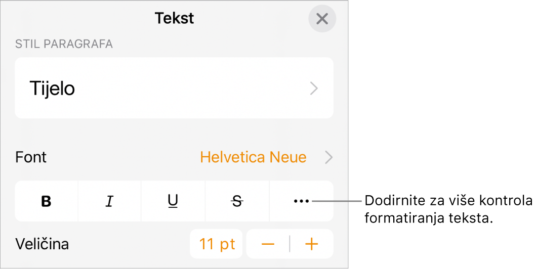 Kartica Tekst u kontrolama formatiranja, s oblačićem na tipku Dodatne opcije teksta.