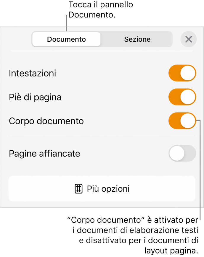 I controlli di formattazione Documento con “Corpo documento” attivato nella parte inferiore dello schermo.