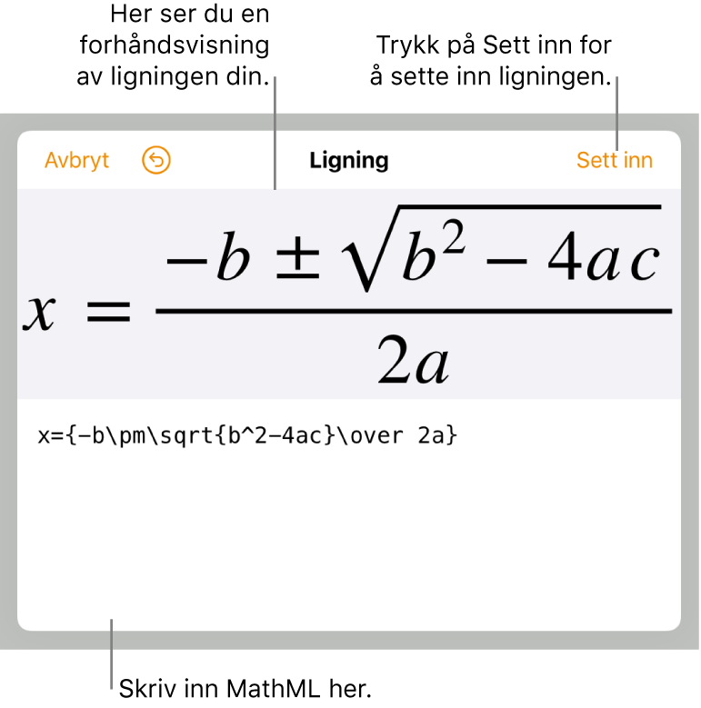 MathML-kode for en ligning for stigningen til en linje, og en forhåndsvisning av formelen ovenfor.