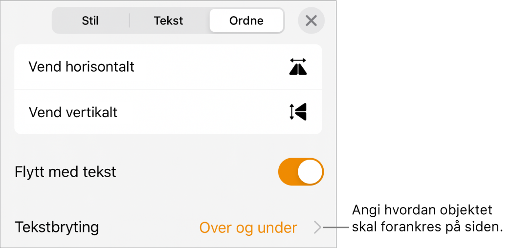 Ordne-kontrollene med Flytt med tekst og Tekstbryting.