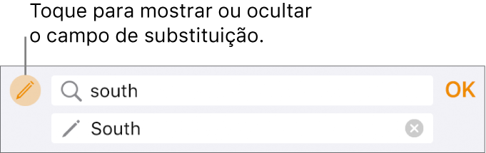 Controlos para procurar e substituir texto.