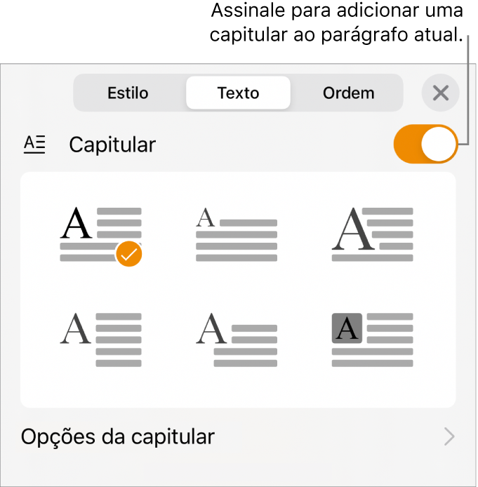 Os controlos de capitular localizados na parte inferior do menu Texto.