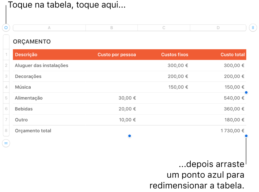 Uma tabela selecionada, com os pontos azuis para redimensionamento.