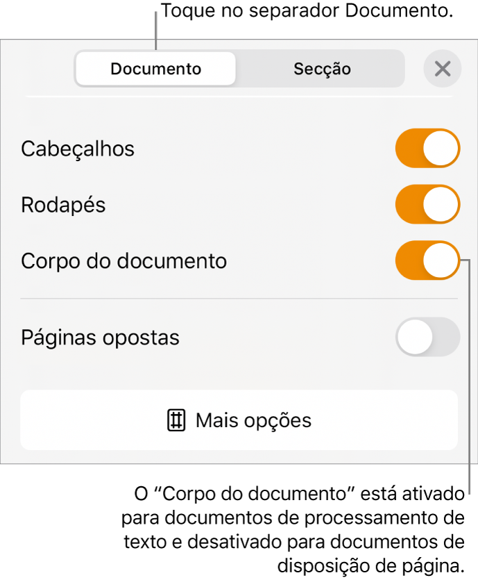 Os controlos de formatação do Documento com a opção “Corpo do documento” ativada perto da parte inferior do ecrã