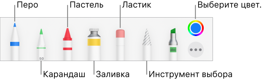 Панель инструментов рисования: перо, карандаш, пастель, заливка, ластик, инструмент выбора и цветовая область с текущим цветом.