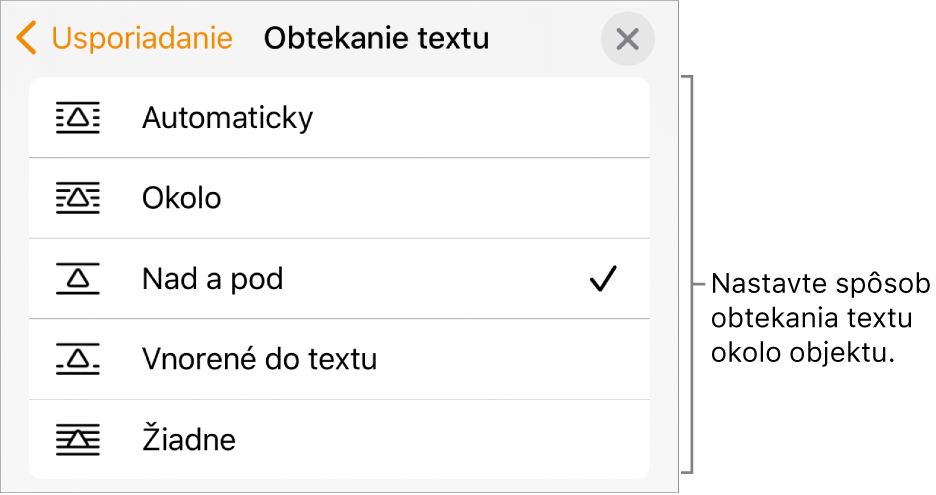 Ovládacie prvky Obtekanie textu s možnosťami Automatické, Dookola, Nad a pod, Vnorené do textu a Žiadne.