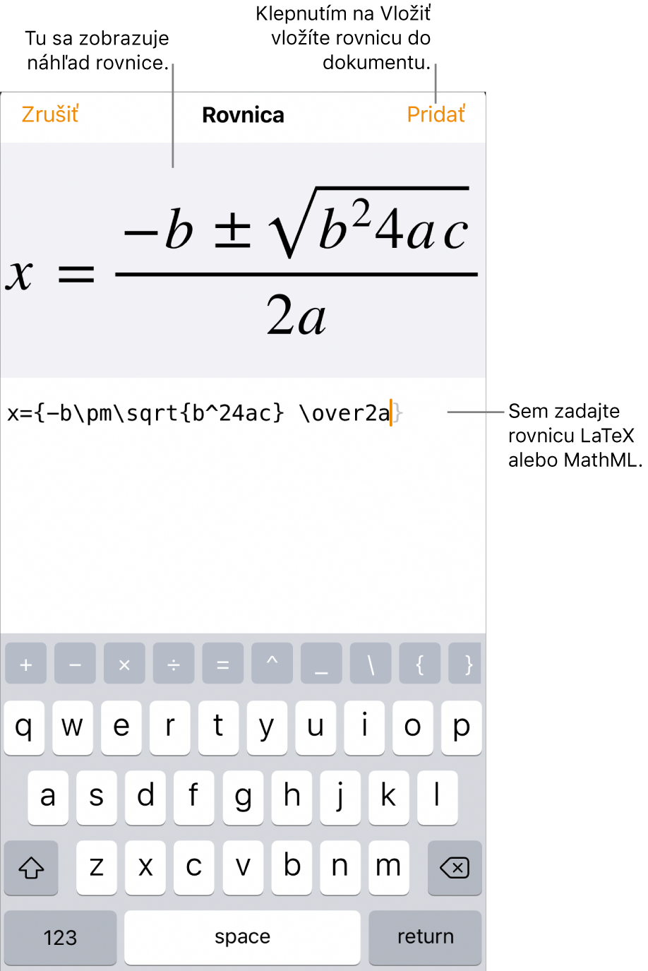 Dialógové okno Rovnica zobrazujúce kvadratickú rovnicu napísanú pomocou príkazov LaTeX, vyššie sa nachádza náhľad vzorca.
