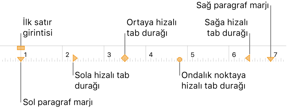 Sol ve sağ marjlar, ilk satır girintisi ve dört tür tab durağı için denetimleri gösteren cetvel.