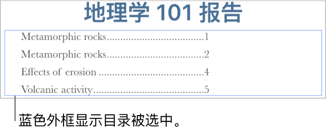 目录被插入到文稿中。条目显示了小标题及其页码。