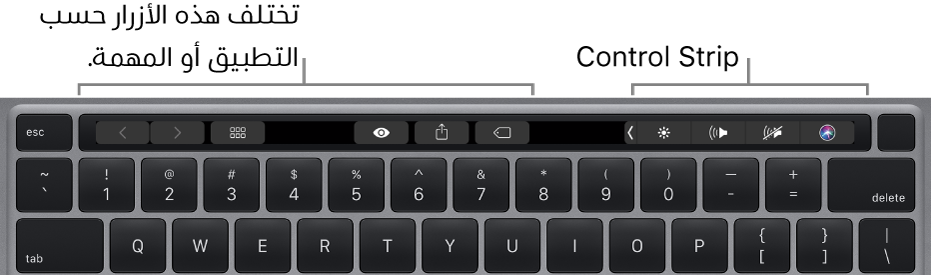 لوحة مفاتيح يظهر فيها الـ Touch Bar أعلى مفاتيح الأرقام. توجد أزرار تعديل النص جهة اليسار وفي المنتصف. يحتوي Control Strip على عناصر تحكم خاصة بالنظام للتحكم في الإضاءة ومستوى الصوت وSiri.
