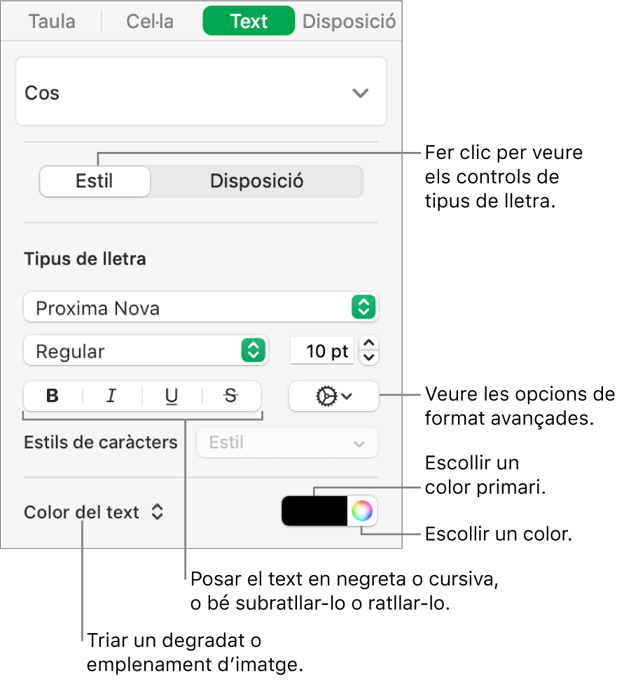 Els controls per aplicar un estil al text d’una taula.