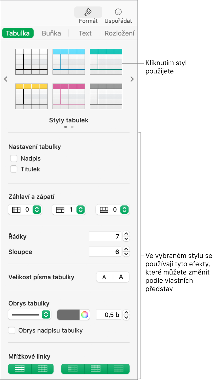 Boční panel Formát se styly tabulek a volbami formátování