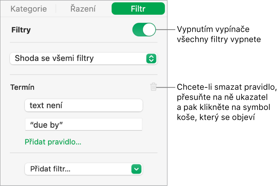 Ovládací prvky pro smazání některého filtru nebo vypnutí všech filtrů