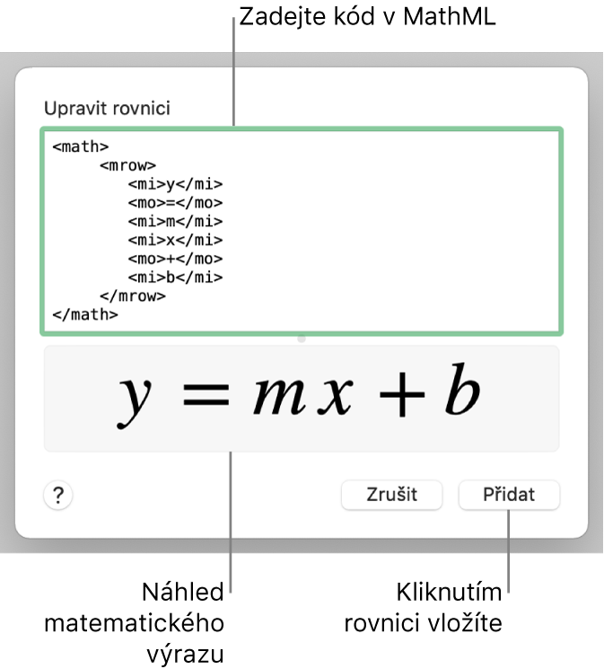 Pole Upravit rovnici obsahující rovnici směrnice přímky a pod ním náhled výsledného vzorce