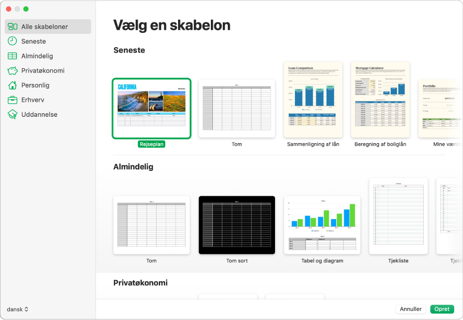 Skabelonvælgeren. I en indholdsoversigt til venstre ses skabelonkategorier, du kan klikke på for at filtrere mulighederne. Til højre vises miniaturer af færdige skabeloner opstillet i rækker efter kategori med Seneste efterfulgt af Almindelig og Privatøkonomi. Lokalmenuen Sprog & område ses i hjørnet nederst til venstre og knapperne Annuller og Opret ses i hjørnet nederst til højre.