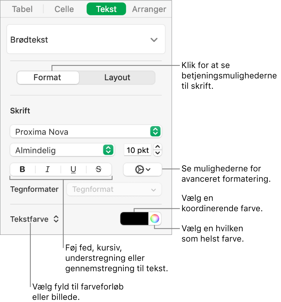 Betjeningsmulighederne til formatering af tabeltekst.