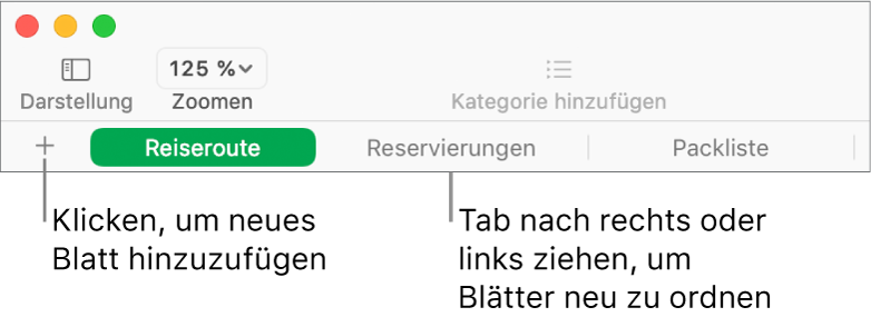 Tableiste zum Hinzufügen eines neuen Blatts und zum Ändern der Anordnung der Blätter