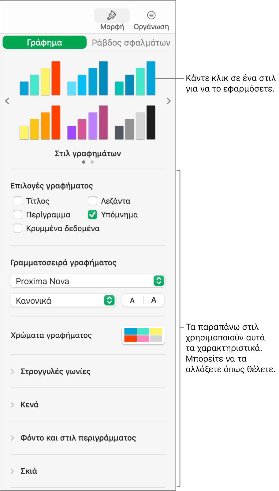Η πλαϊνή στήλη «Μορφοποίηση» με τα χειριστήρια για τη μορφοποίηση γραφημάτων.