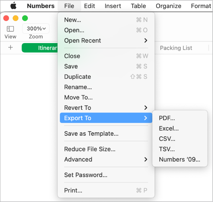 The File menu open with Export To selected, with its submenu showing export options for PDF, Excel, CSV and Numbers ’09.