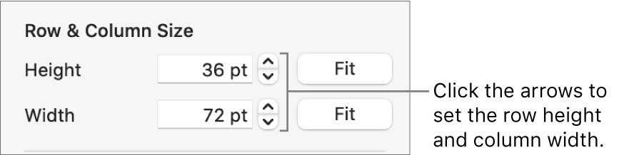 The controls for setting a precise row or column size.