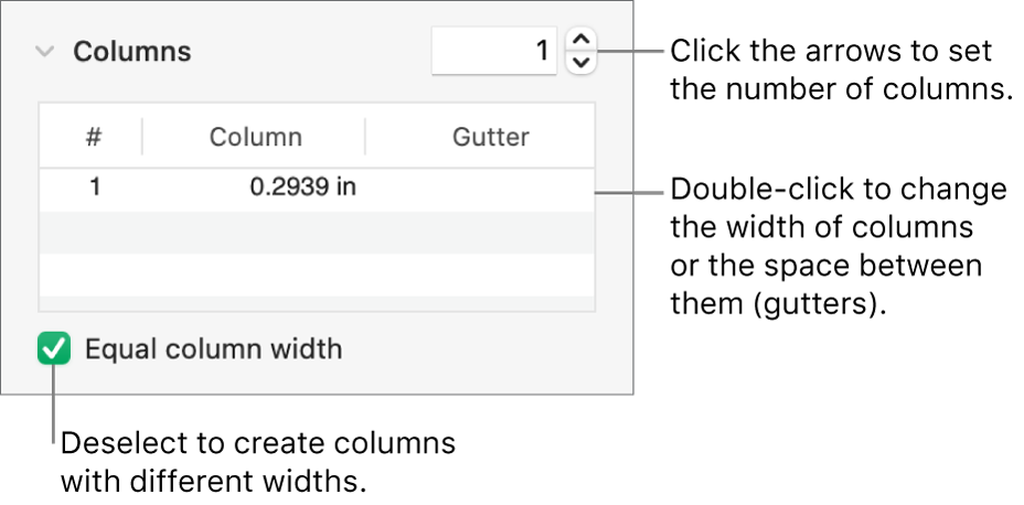 Controls in the columns section for changing the number of columns and the width of each column.