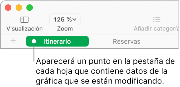 Una pestaña de una página con un punto que indica que se ha hecho referencia a una tabla de esta hoja en la gráfica cuyos datos está editando en estos momentos.